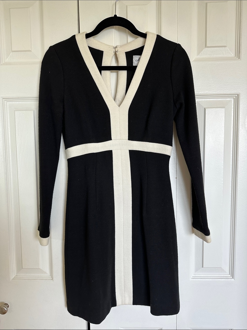 Wool Blend Milly Black and Cream Contrast Long Sleeve Dress